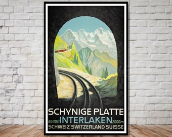 Cartel de viaje suizo, ferrocarril schynige platte interlaken, DESCARGA INSTANTE, arte de la pared del tren suizo, impresión de cartel de viaje de Suiza imprimible