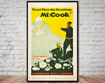 Mt Cook New Zealand Travel Poster, INSTANT DOWNLOAD, retro travel digital print, printable poster download, mountain wall art, 11x17, 12x18