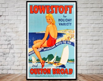 Lowestoft Travel Poster, Vintage Pinup Poster, INSTANT DOWNLOAD, england travel printable poster, england wall art, retro travel print