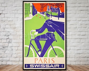 SwissAir Paris Travel Poster, INSTANT DOWNLOAD, vintage paris printable poster, paris bicycle poster, french bicycle poster download