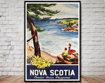 May include: A vintage travel poster advertising Nova Scotia, Canada's Ocean Playground. The poster features a scenic view of a rocky coastline with a blue ocean, a pine tree, and a couple sitting on a rock. The text "NOVA SCOTIA" is in large white letters on a blue background, with the tagline "Canada's Ocean Playground" below.