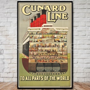 Cunard Line Travel Poster, INSTANT DOWNLOAD, ocean liner travel poster, retro travel digital print, printable poster, ship cross section