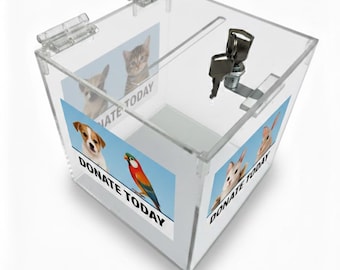 Clear Acrylic Locking Donation, Ballot, Suggestion, Charity Box Display With UV Printed Logo Or Graphics