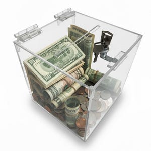 May include: A clear acrylic box filled with various denominations of US currency, including rolled bills and loose coins. The box has a hinged lid and a lock with keys, suggesting a secure storage solution for savings or cash.