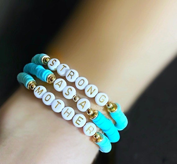 Set of Three Heishi Bead Bracelets Featuring Letter Beads Th (429700)