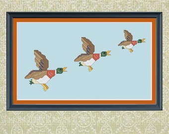 Schema/schema a punto croce retrò con 3 anatre volanti