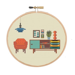 Mid-Century Modern Living Room Cross Stitch Pattern