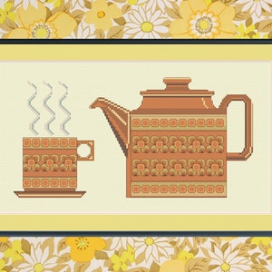 1970s Hornsea Saffron Pottery Teapot and Cup Cross-stitch Pattern/chart