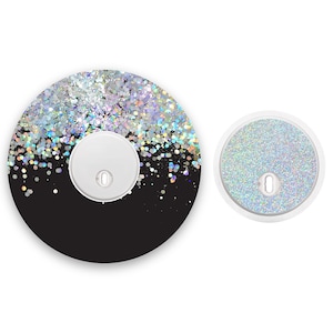 Black Printed Glitter Effect Freestyle Libre 3 Diabetes Patches, Medical Tape CGM Patch with Silver Holographic Sparkle Sticker