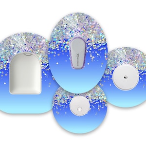 Blue Ombré Printed Glitter Effect Diabetes Patches for Freestyle Libre 1, 2 and 3, Dexcom G6 and G7 & Omnipod, Diabetes Pump and CGM Patch