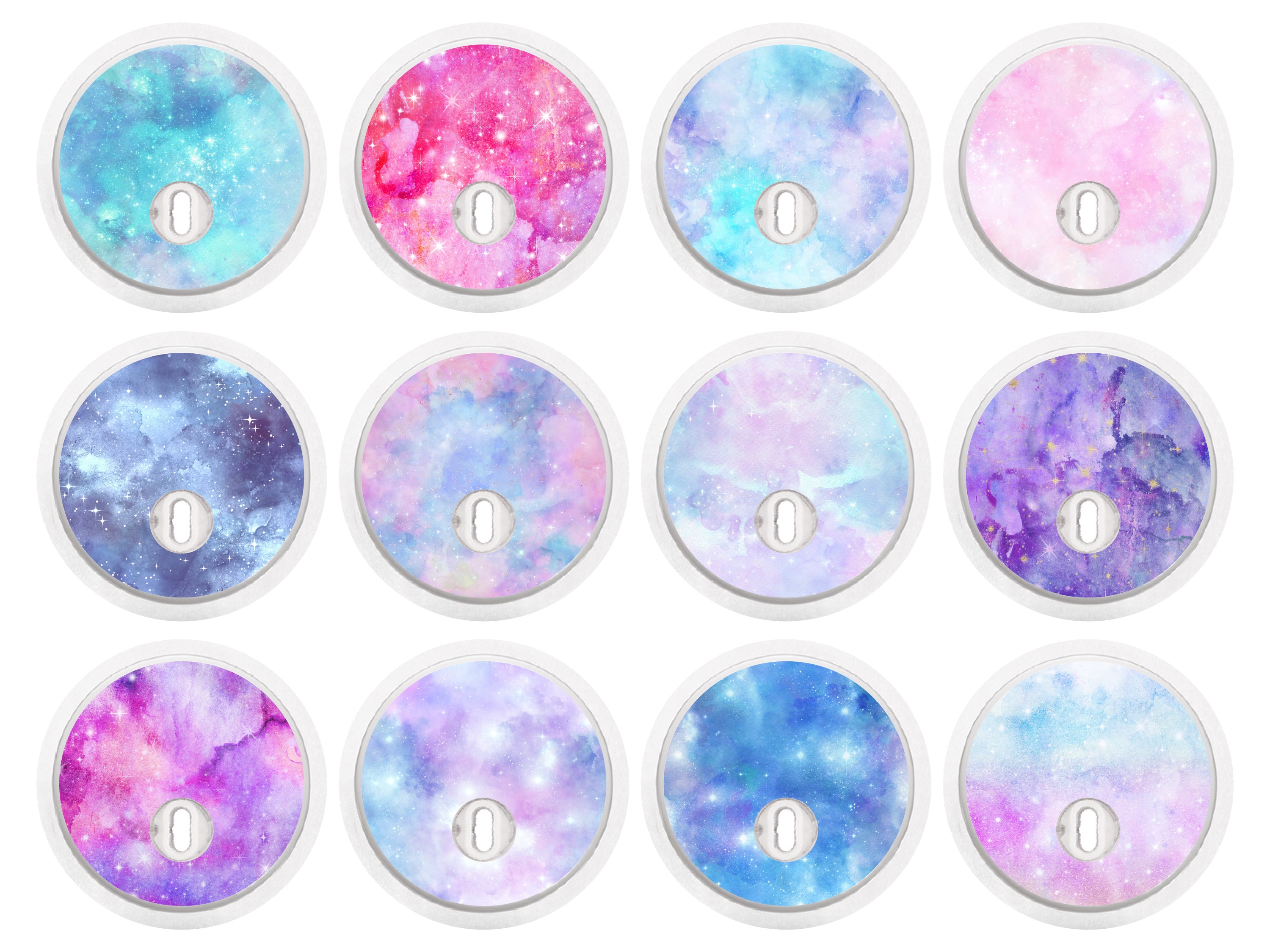 Set mit 12 gedruckten Aquarell Galaxy Freestyle Libre 3 Diabetes Sensor Aufkleber, Pink, Lila und Blau Mix