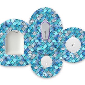 Blue Mermaid Scales Diabetes Patches for Freestyle Libre 1, 2 and 3, Dexcom G6 and G7 & Omnipod, Diabetes Pump and CGM Patch