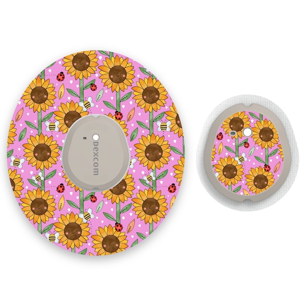 Happy Sunflowers Dexcom G7 Diabetes Patches, Medical Tape CGM Patch with Matching Vinyl Centre Sticker