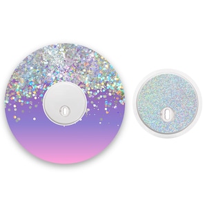 Purple Ombré Printed Glitter Effect Freestyle Libre 3 Diabetes Patches, Medical Tape CGM Patch with Silver Holographic Sparkle Sticker