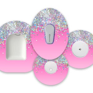 Pink Ombré Printed Glitter Effect Diabetes Patches for Freestyle Libre 1, 2 and 3, Dexcom G6 and G7 & Omnipod, Diabetes Pump and CGM Patch