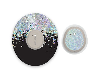 Black Printed Glitter Effect Dexcom G7 Diabetes Patches, Medical Tape CGM Patch with Silver Holographic Sparkle Sticker