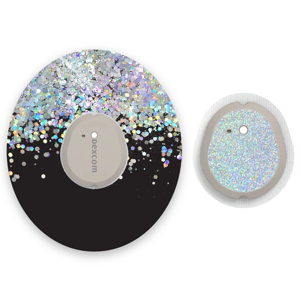 Black Printed Glitter Effect Dexcom G7 Diabetes Patches, Medical Tape CGM Patch with Silver Holographic Sparkle Sticker