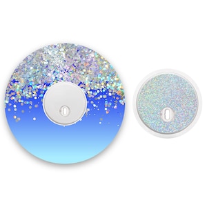 Blue Ombré Printed Glitter Effect Freestyle Libre 3 Diabetes Patches, Medical Tape CGM Patch with Silver Holographic Sparkle Sticker