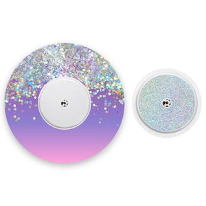 Purple Ombré Printed Glitter Effect Freestyle Libre 2 Diabetes Patches, Medical Tape CGM Patch with Silver Holographic Sparkle Sticker