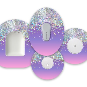 Purple Ombré Printed Glitter Effect Diabetes Patches for Freestyle Libre 1, 2 and 3, Dexcom G6 and G7 & Omnipod, Diabetes Pump and CGM Patch