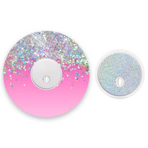 Pink Ombré Printed Glitter Effect Freestyle Libre 3 Diabetes Patches, Medical Tape CGM Patch with Silver Holographic Sparkle Sticker