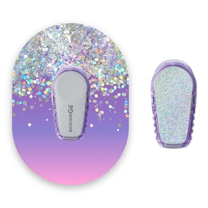 Parches para diabetes Dexcom G6 con efecto purpurina y estampado ombré morado, parche de cinta médica CGM con adhesivo holográfico plateado brillante.