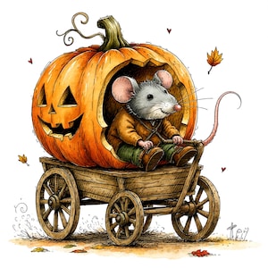 May include: A whimsical watercolor illustration of a gray mouse dressed in a brown jacket and green pants, seated inside a carved orange pumpkin carriage. The carriage is on a wooden cart with spoked wheels, perfect for Halloween or fall decor.