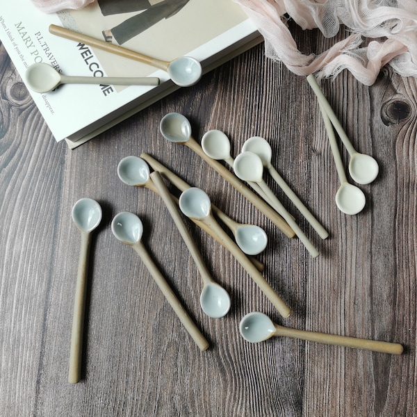 2/4/6 pcs Handmade vintage stoneware coffee spoon soup spoon ceramic long handle coffee spoon, tea spoon ceramic Japanese  utensil stoneware