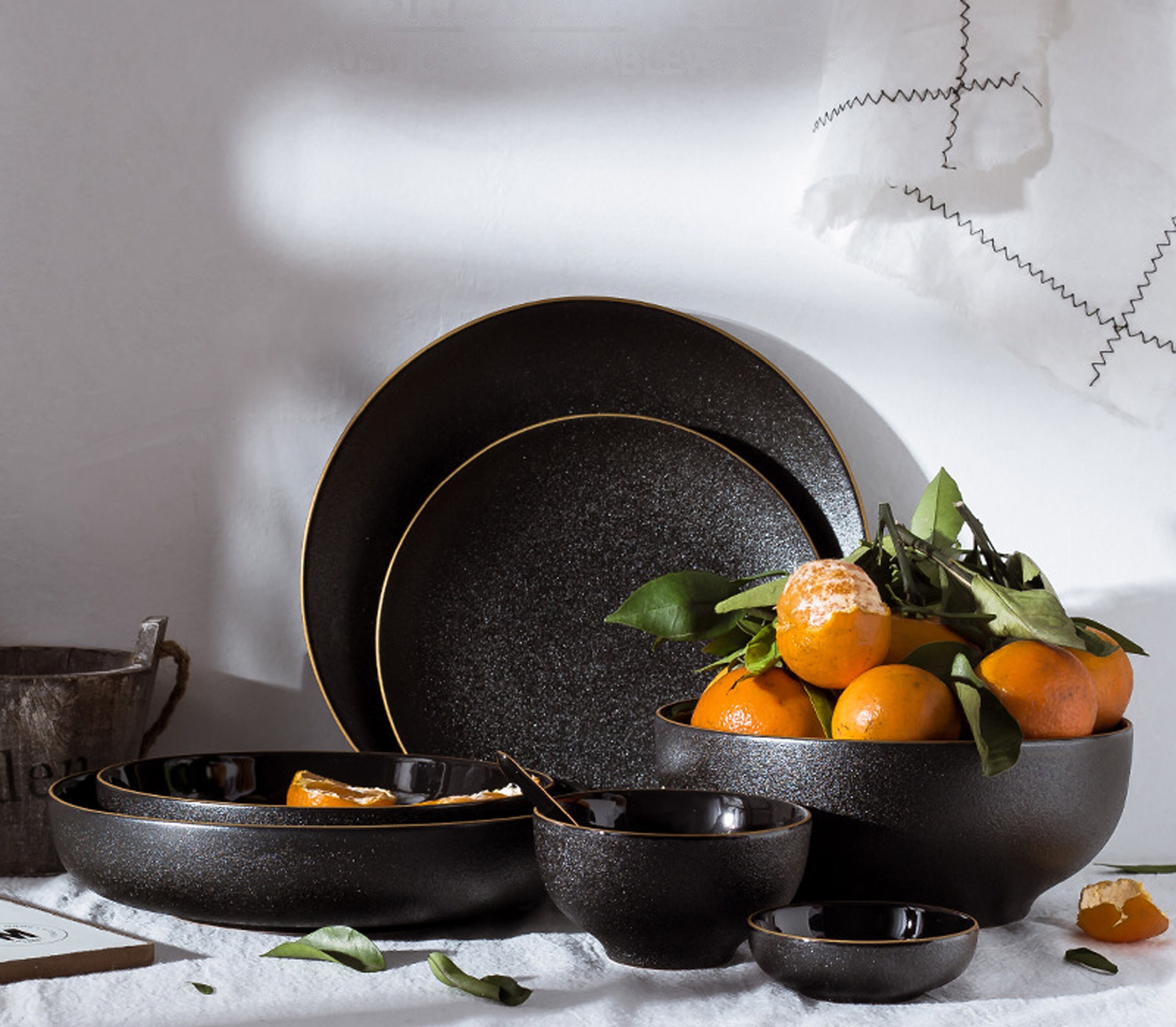 Japanesestyle black ceramic tableware with gold rim. Black Etsy