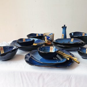 Blue Ceramic Dishes Set.Blue Stoneware Dinnerware Set.Pottery Dinnerware Set.Dinnerware Set Stoneware.Handmade Dish Set Pottery.Salad Bowl