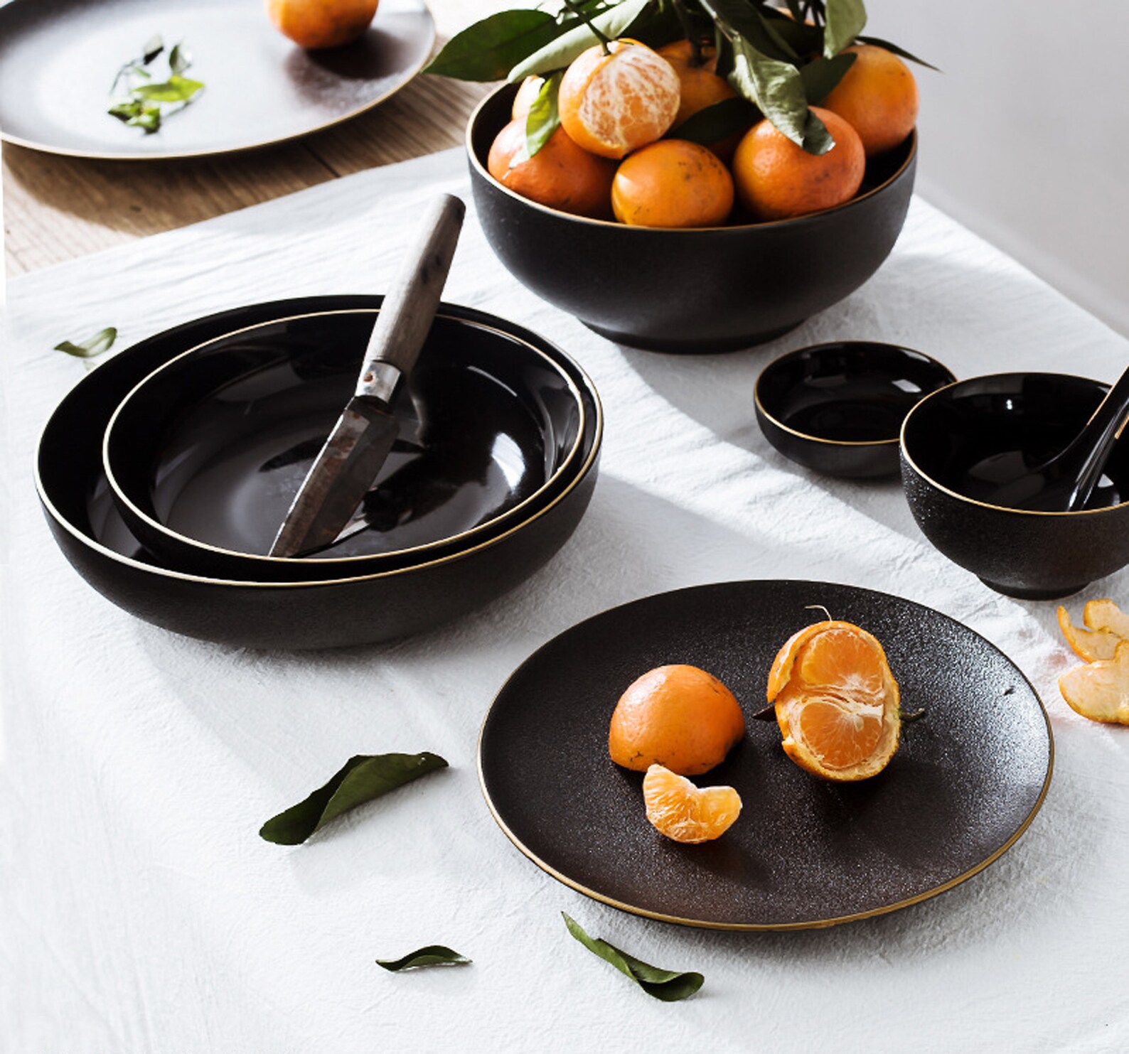 Japanesestyle black ceramic tableware with gold rim. Black Etsy