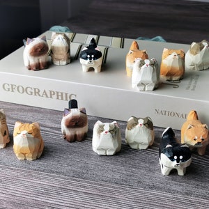 Handmade Wood Carving Painted Orange Cat Figurines,Handmade Wood Carving Cute Shiba Inu ,Personalized Gift，Gifts For Cat Lovers