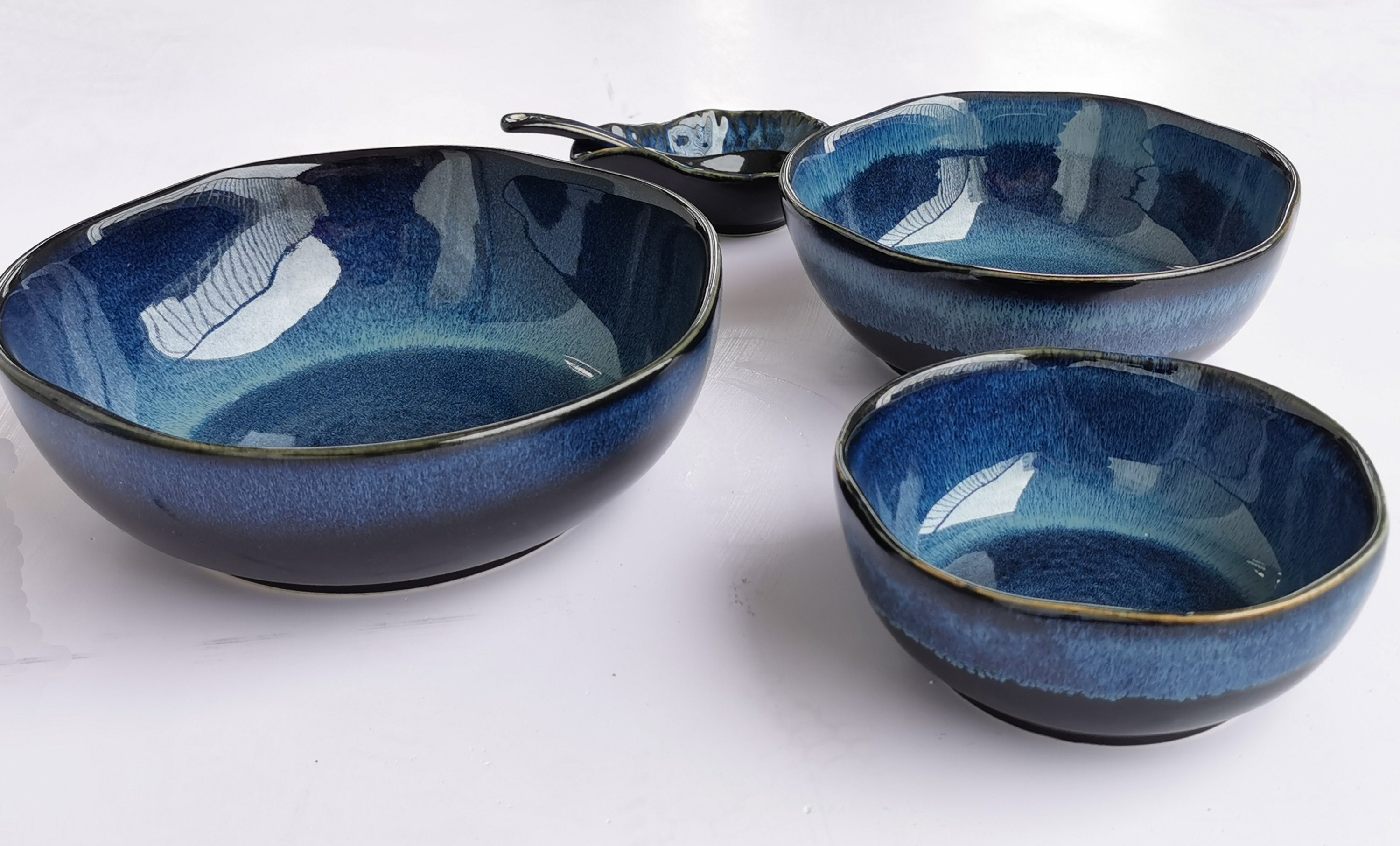 Blue Ceramic Salad Bowl Set Soup BowlBlue Stoneware Etsy