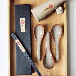 Japanese Beige ceramic spoon set. Ceramic spoon set. Soup spoon. Dessert spoons. Japanese Beige tableware, soy sauce bottle. Chopsticks set