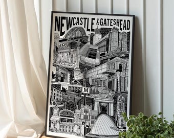 Newcastle & Gateshead Illustrated Print, Black and White Poster