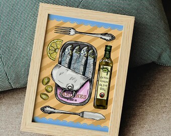 Sardine Seafood Print: Tinned Fish Illustration, A6-A2, Framed/Unframed