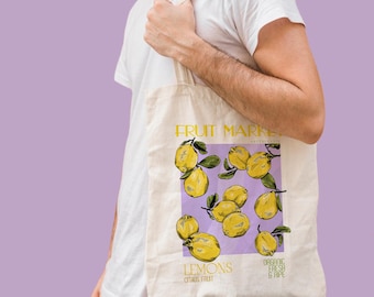 Lemon Print Canvas Tote Bag: Fruit Market Shopping Bag