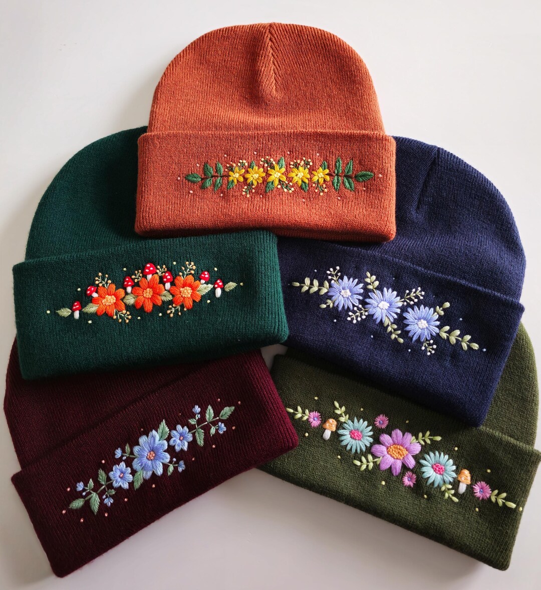 Custom Hand Embroidered Floral Beanie: One Size