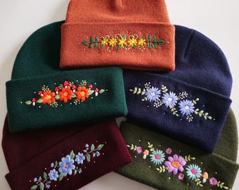 Custom Hand Embroidered Floral Beanie: One Size