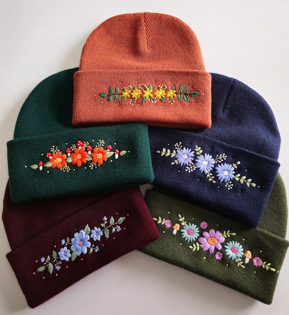 Custom Hand Embroidered Floral Beanie: One Size - Etsy display picture 1