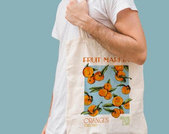 Orange Fruit Market Tote Bag: Printed Canvas Shopping Bag