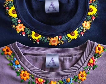 Custom Hand Embroidered Sweatshirt: Personalized Neckline Design, S - 3XL