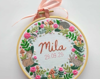 Personalised Hand Embroidered Woodland Baby Hoop: Baby Name Animal Nursery Decor