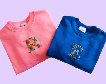 Kids Custom Hand Embroidered Sweatshirt | Personalised Embroidered Initial Kids Sweatshirt, Bespoke Initial Design XS S M L XL Available