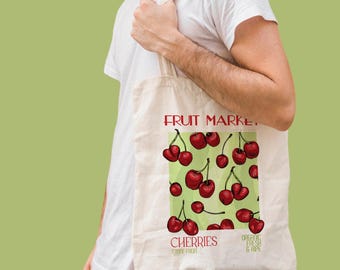 Cherry Print Tote Bag: Recycled Cotton Canvas Shopping Bag