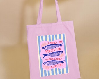 Sardine Graphic Print Tote Bag: Recycled Cotton Canvas Shopping Bag