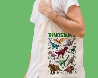 Dinosaur Species Printed Tote Bag: Recycled Cotton Canvas Shopping Bag