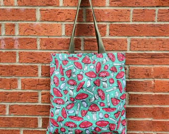 Toadstool Printed Cotton Canvas Tote Bag: Handmade Shopping Bag