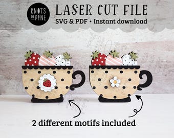 Strawberry teacup laser file, summer tiered tray decor, seasonal shelf sitter, SVG download