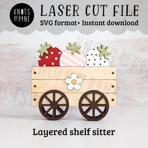 イチゴワゴンのレーザーファイル、木製カート、夏の段付きトレイの装飾、フルーツ、季節の棚飾り、SVG ダウンロード